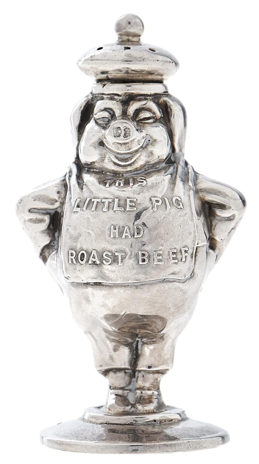 A George V silver This Little Pig figural novelty pepperette, 70mm h, marks rubbed, by Saunders &