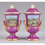 A pair of Spode claret ground Chatswroth and Haddon Hall pot pourri vases and covers, late 20th c,