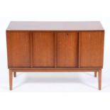 A record housing teak foldaway [LP] record cabinet, key, 92cm l, with manufacturer's booklet and