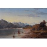 P Macarthur (late 19th c) - Mountainous Lake Landscape with Boats, signed, oil on canvas, 31 x