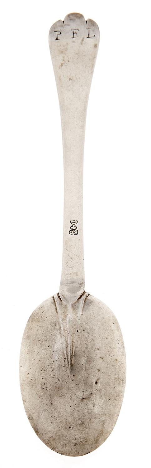 A French silver trefid spoon, c1700, engraved with initials PFL, 19cm l, maker's mark only, GF