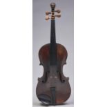 A German violin, circa mid 19th c, scroll carved with lion's head with articulated tongue, length of