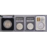 Silver Coins. Crown sized, four, comprising Pillar dollar 1821, USA dollar 1889 (2) and United