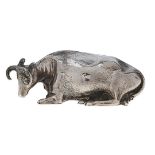 An early Victorian silver recumbent cow novelty snuff box, 61mm l, by Henry Wilkinson & Co,