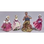 Four Royal Doulton bone china figures of young women and a Royal Doulton matt glazed figure of the