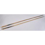 Two Joe Davis 146 break snooker cues, one of ash, the other maple Both in fair condition