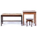 A miniature oak table, on three cabriole legs, 34cm h, a scholar's desk and a stained wood duet