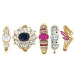 Five gold rings, variously gem set, 12.6g, various sizes Several showing signs of wear