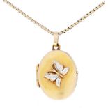 An oval gold locket, applied with white gold butterfly, marks obscured and a 9ct gold box link