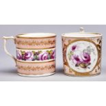 Two Derby coffee cans, c1810, painted with roses reserved on a salmon pink ground, 60 and 70mm h,