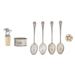 A set of four silver coffee spoons, a napkin ring and two other items, various makers and dates,