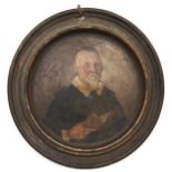 One half of a turned wood box painted with a miniature, 18th c, the half length oil portrait of a