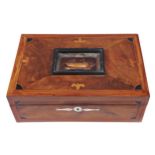 A mahogany, satinwood and inlaid box, possibly sailor's work, second half 19th c, the lid inset with