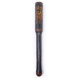 A Victorian police truncheon, c1840, of beech, painted in black, gilt and red with crown, VR and J*