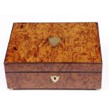 A French burr maple work box, early 19th c, lined in scarlet morocco and fitted with a tray