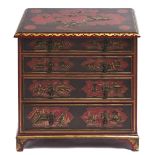 Miniature Furniture. A scarlet japanned chest of drawers, 20th c, in Queen Anne style, decorated