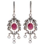 A pair of synthetic ruby and paste chandelier earrings,  mounted in silver and gold, 68mm overall,