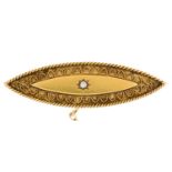 A Victorian shuttle shaped 15ct gold brooch, gypsy set with a diamond, 46mm, Chester 1892, 3.6g Good