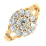 A diamond cluster ring, with old cut diamonds, in gold, 3.7g, size K Good condition