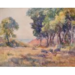 Alexander Carruthers Gould RBA (1870-1948) - Pigs Foraging in a Field near the Coast, signed,