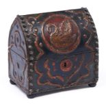 A French polychrome wood and iron nailed casket in the form of a reliquary chasse, the lid with swan