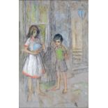 British School, 20th century - Two Children, signed with initials FR, pastel on coloured paper, 43.5