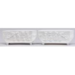 A pair of Sowerby pressed  glass Blanc de Lait flower troughs, c1880,  the sides moulded with