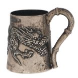 A Chinese miniature silver mug, c1900, of tapered form applied with repousse dragon, bamboo shaped