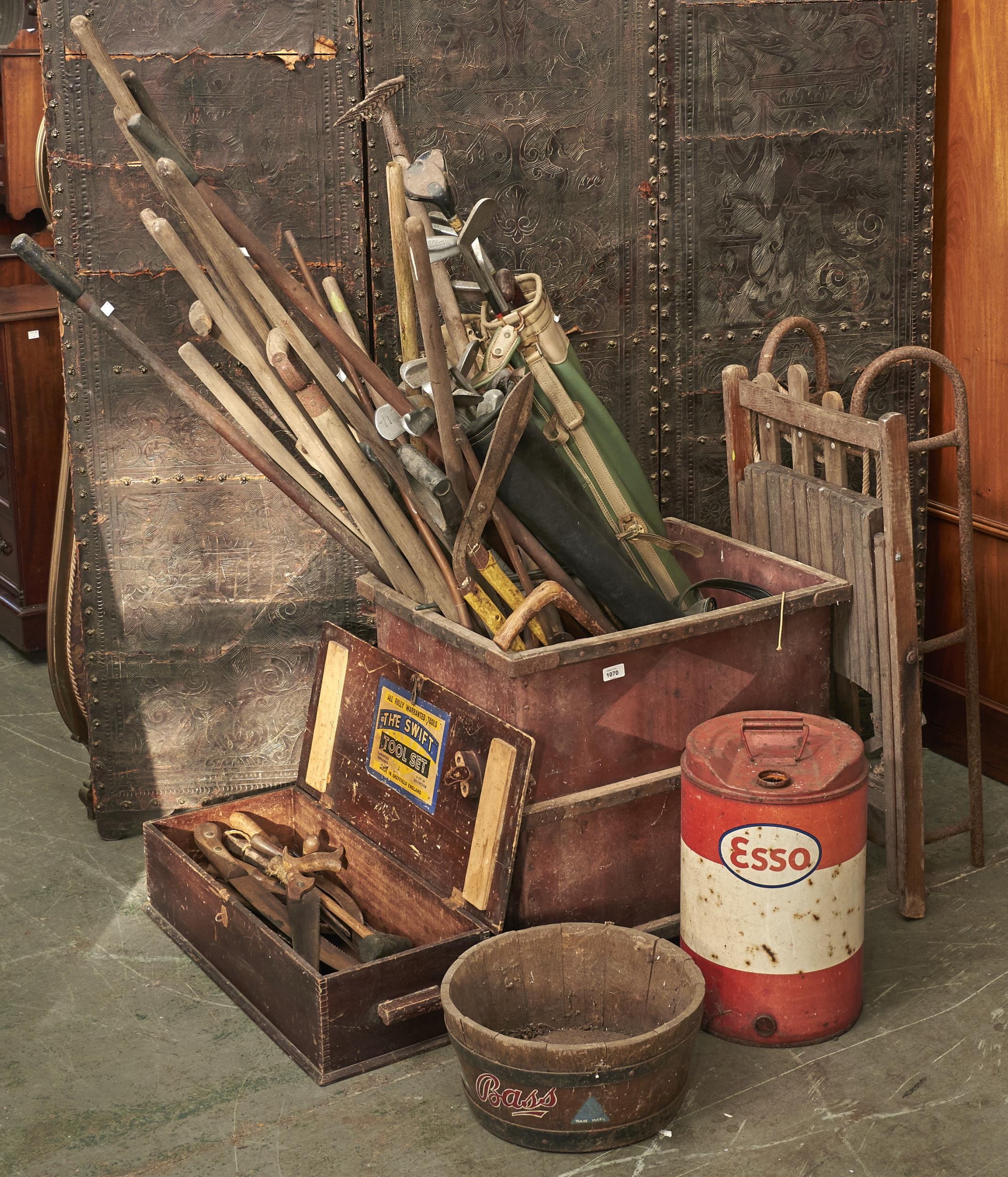 Miscellaneous vintage garden tools, a quantity of golf bags, folding chair, Esso paraffin can and