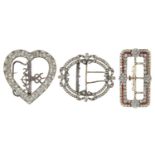 Three paste waist buckles, c1900,  including a heart shaped example, another with narrow red