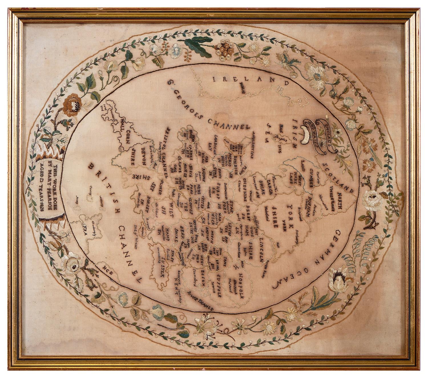 A linen map sampler, Mary Pearson aged 13 years 1828, worked in silk with England divided into - Bild 2 aus 3