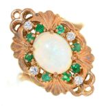 An opal, emerald and diamond cluster ring,  in 14ct gold,  Sheffield 1983, 6.9g, size N