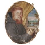 French (?) School, 17th c - Portrait Miniature of a Monk, red beard and tonsure, a book in his right