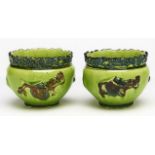 Two lime green, blue and brown majolica miniature dragon jardinieres, early 20th c, 80mm h Good