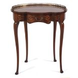 A Victorian kidney shaped mahogany and inlaid lady's writing table, c1890, with brass gallery, a