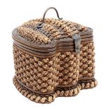A Victorian shell shaped woven rush and wicker workbox, with brass handle and hasp, lined in quilted
