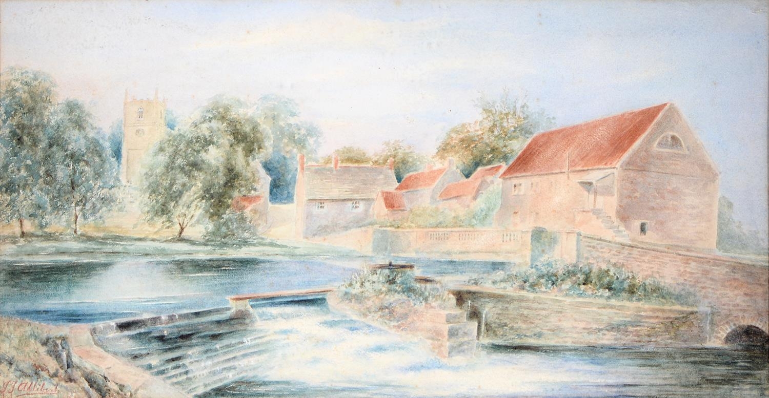 J J Allibert, late 19th c - A Weir and A Sluice in a Village, signed, watercolour, 24 x 45cm and