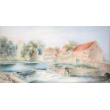 J J Allibert, late 19th c - A Weir and A Sluice in a Village, signed, watercolour, 24 x 45cm and