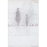 Manner of Laurence Stephen Lowry - Two Figures by Railings, bears signature, date and inscription,