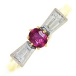 A ruby and diamond ring, the central ruby flanked by trapeze cut diamonds, in 18ct gold, 3.2g,