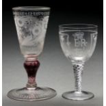 A Stuart coronation of HM The Queen commemorative glass goblet, 1953, the engraved ovoid bowl on