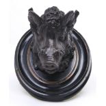 A Continental bronzed spelter boar's head novelty inkwell, c1890, with inset glass eyes, the