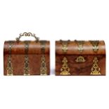 Two Victorian walnut stationery boxes, applied with pierced and engraved brass strapwork, one with