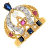 A ruby, sapphire, diamond and pearl crown ring,  in 18ct gold, by The Franklin Mint, 6.3g, size M