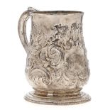 A George II silver mug, later chased, 10cm h, by Robert Albin Cox, London 1754, 7ozs 7dwts Old