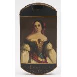 A Victorian papier mache and leather cheroot case, the front printed and painted with a three-