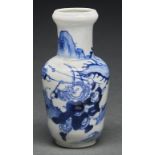 A Chinese blue and white miniature vase, 20th c, painted with warriors in combat, 11.5cm h Good