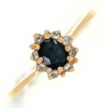 A sapphire and diamond cluster ring,  in gold marked 14K, 2.1g, size L