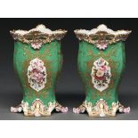 A pair of Jacob Petit green ground vases, c1850, painted with flowers and gilt reserves between