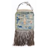 A Chinese embroidered blue silk bag, early 20th c, with carved and pierced bone cantles with